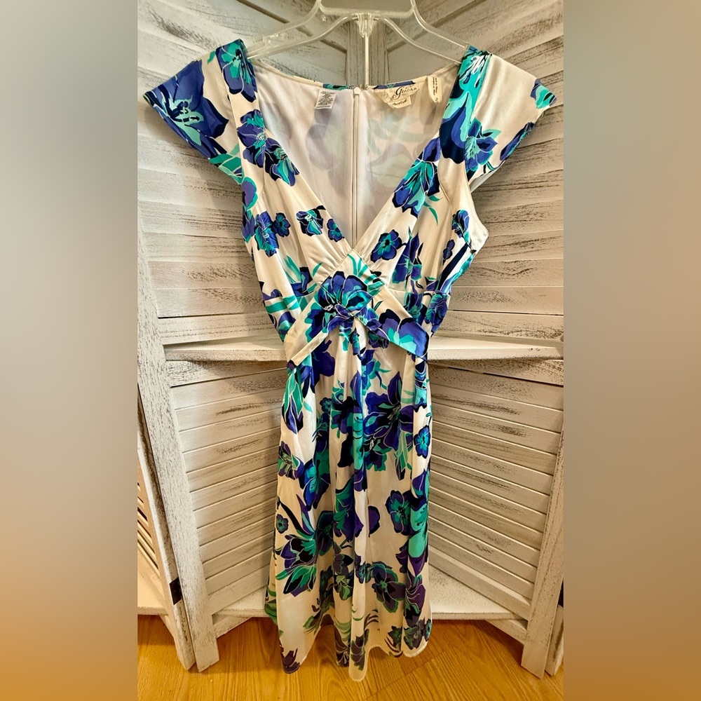 Guess Silk Wedding Guest Dress Blue Teal Floral Empire Waist Stretch Size 5